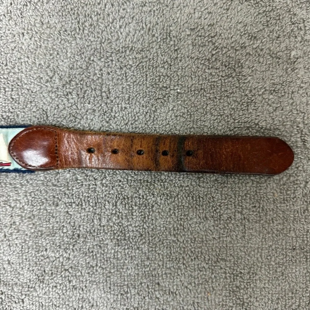 Vintage Sailboat Embroidered Canvas Leather Belt Solid Brass Buckle Brown Navy